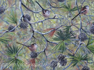 "Flitting Through" painting of Long-Tailed Tits by wildlife artist Jackie Garner