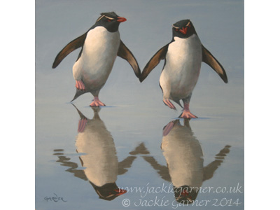 Putting on the Ritz, acrylic painting of rockhopper penguins